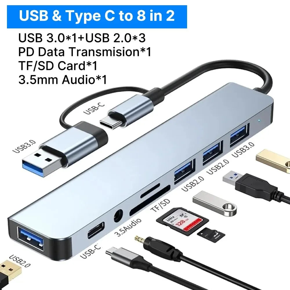 8 in 2 USB-C HUB USB Splitter USB Extender with 4 USB Port 1 USBC Port TF/SD Card Reader Audio Output Compatible with MacBook
